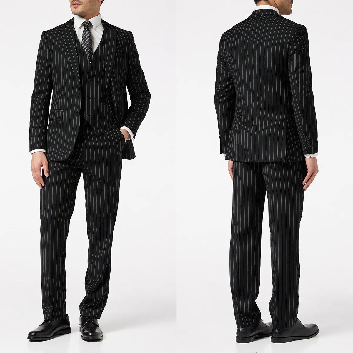남성용 스트라이프 웨딩 수트 슬림핏 턱시도, 3 피스 노치 라펠 신랑 착용 비즈니스 재킷, 바지 조끼 맞춤 제작